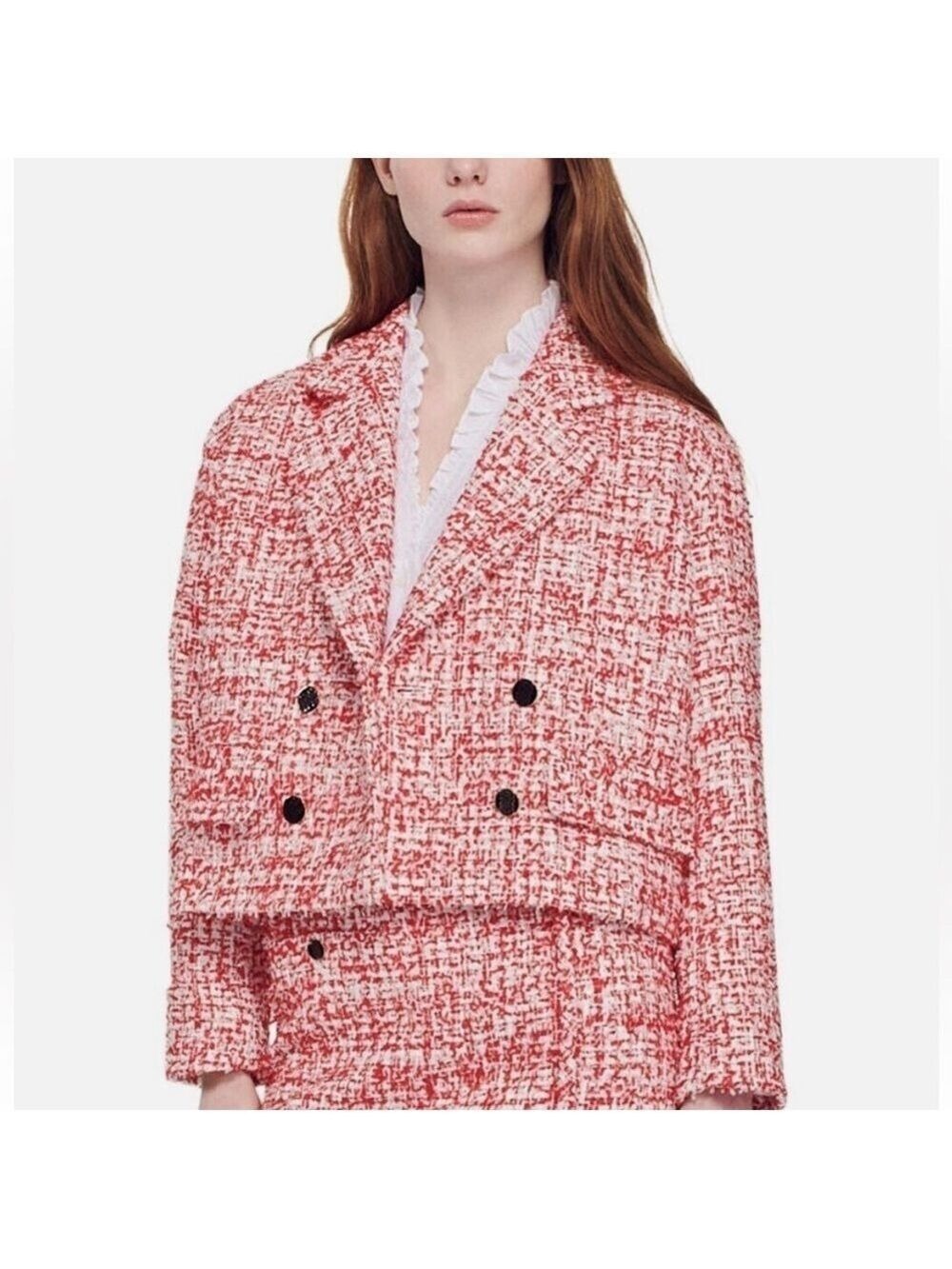 Sandro Cropped Short Tweed Jacket Blazer in Rouge sequins & metallic Sz XL - Picture 4 of 17